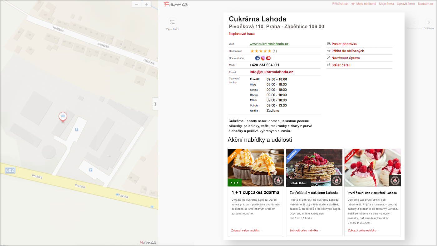 Firemní profil s akční nabídkou.